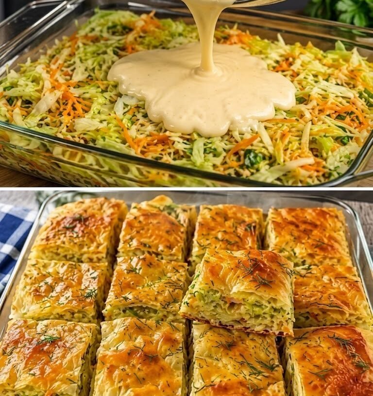 Golden Vegetable Börek with Zucchini, Carrots, Herbs, and Creamy Sauce