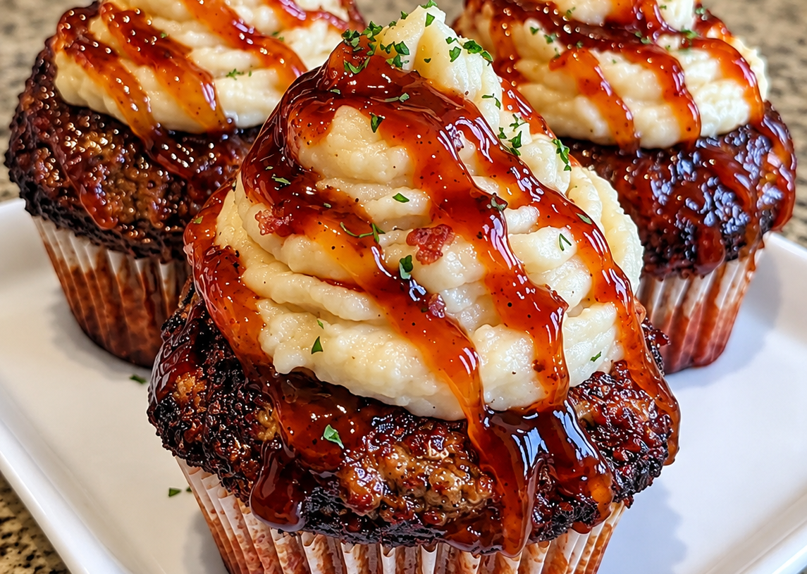 Smoky Bourbon BBQ Bacon-Wrapped Meatloaf Cupcakes with Mashed Potato Frosting