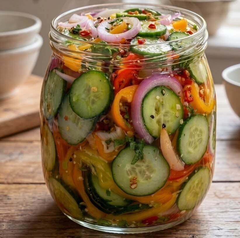 Fresh Cucumber Vegetable Salad in a Jar