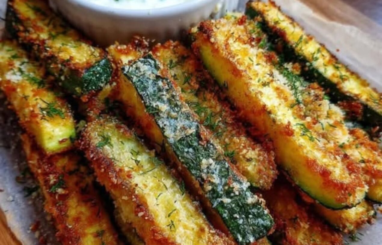 Crispy Garlic Parmesan Zucchini Fries with Greek Yogurt Dip