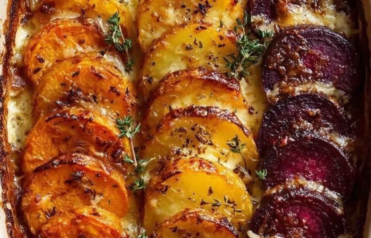 Root Vegetable Gratin with Sweet Potatoes, Parsnips & Beets