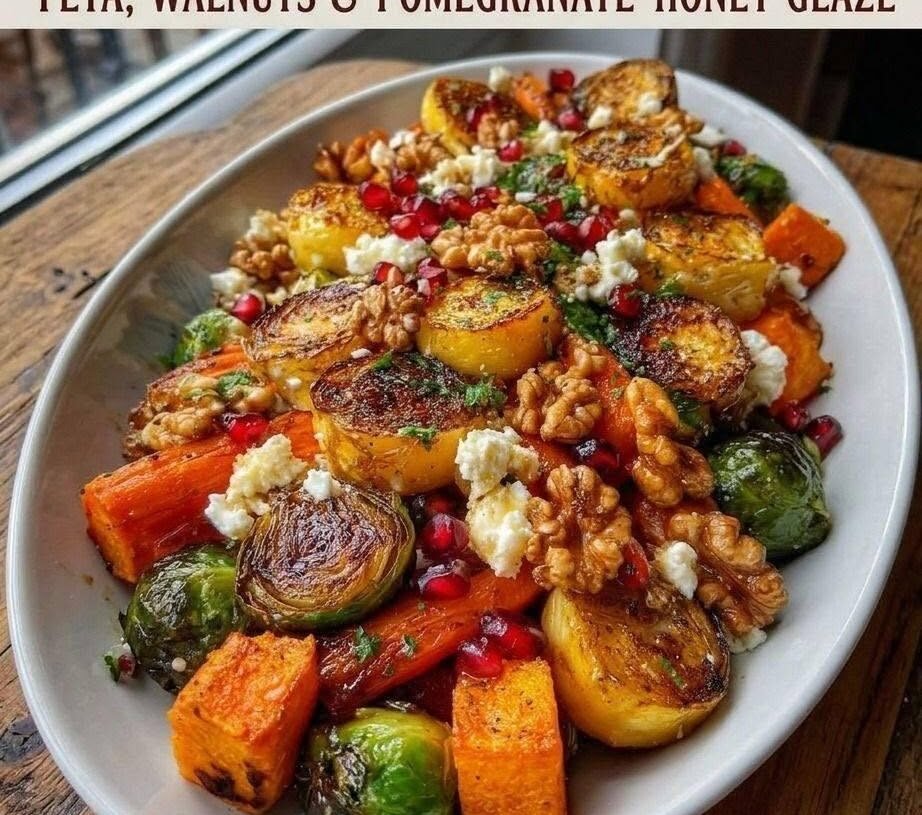 Caramelized Butternut Squash, Carrots, Brussels Sprouts & Sweet Potato with Feta, Walnuts & Pomegranate-Honey Glaze