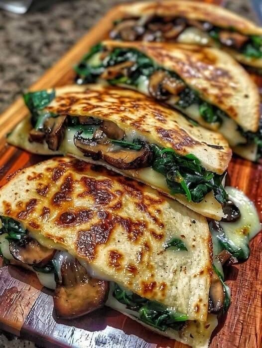 Mediterranean Garlic Mushroom & Spinach Crispy Quesadillas