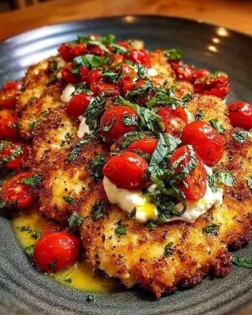 Rustic Italian Basil Chicken Cutlets with Cherry Tomato & Burrata