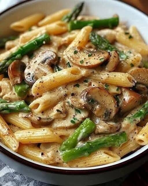 Creamy Mushroom & Asparagus Chicken Pasta
