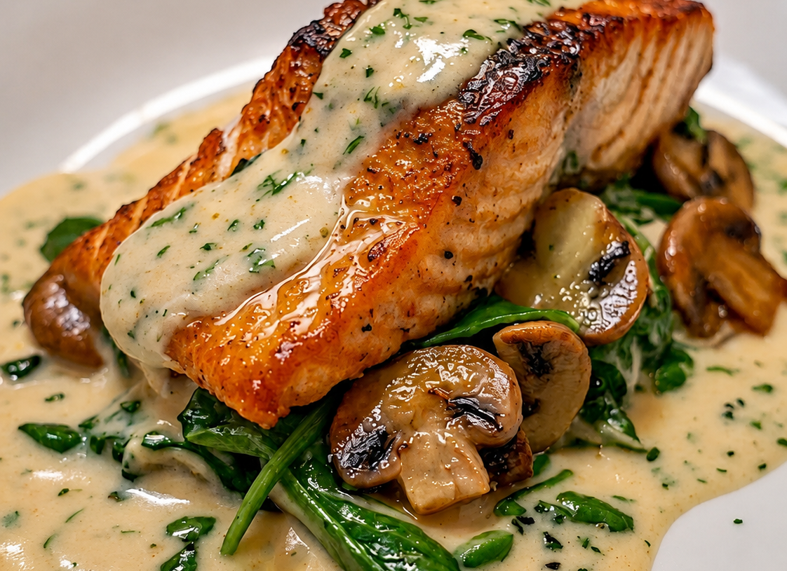Pan-Seared Salmon with Creamy Spinach and Mushrooms