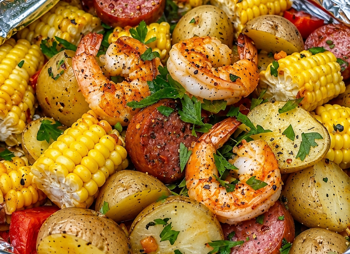 🦐 Mediterranean Shrimp, Corn, Potatoes & Smoked Sausage Foil Packs