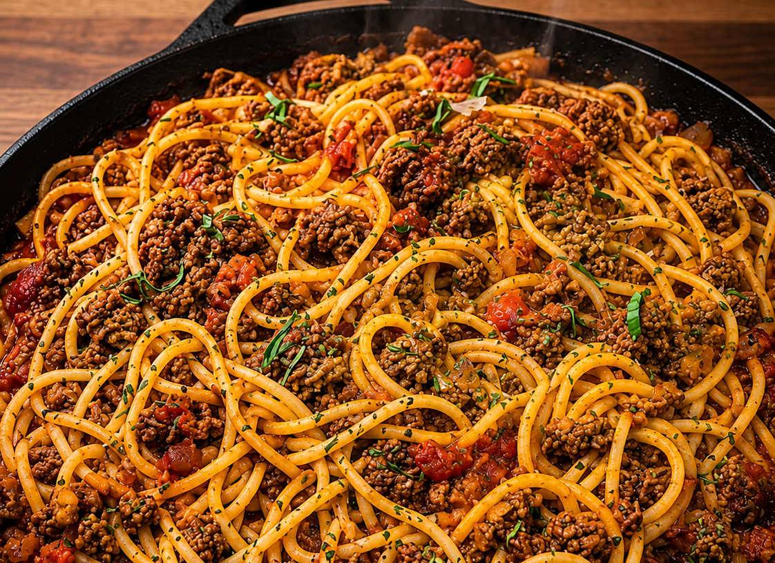 🍝 One-Pan Spaghetti with Rich Beef & Tomato Sauce