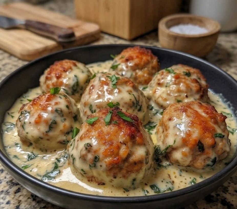 High-Protein Chicken Ricotta Meatballs with Spinach Alfredo