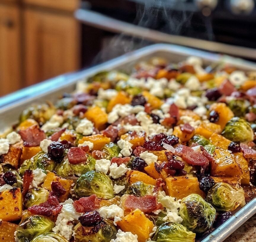 🥦 Roasted Brussels Sprouts & Butternut Squash with Bacon, Cranberries & Feta