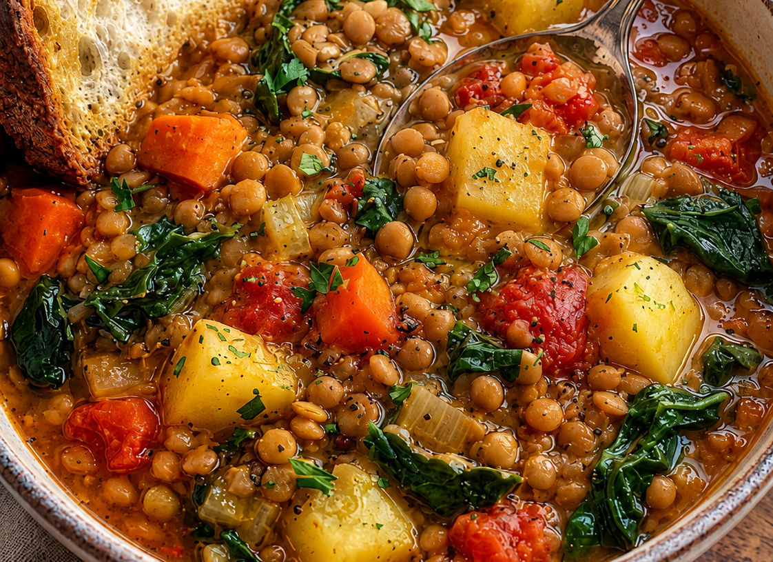 Lentil Soup with Potatoes and Spinach.