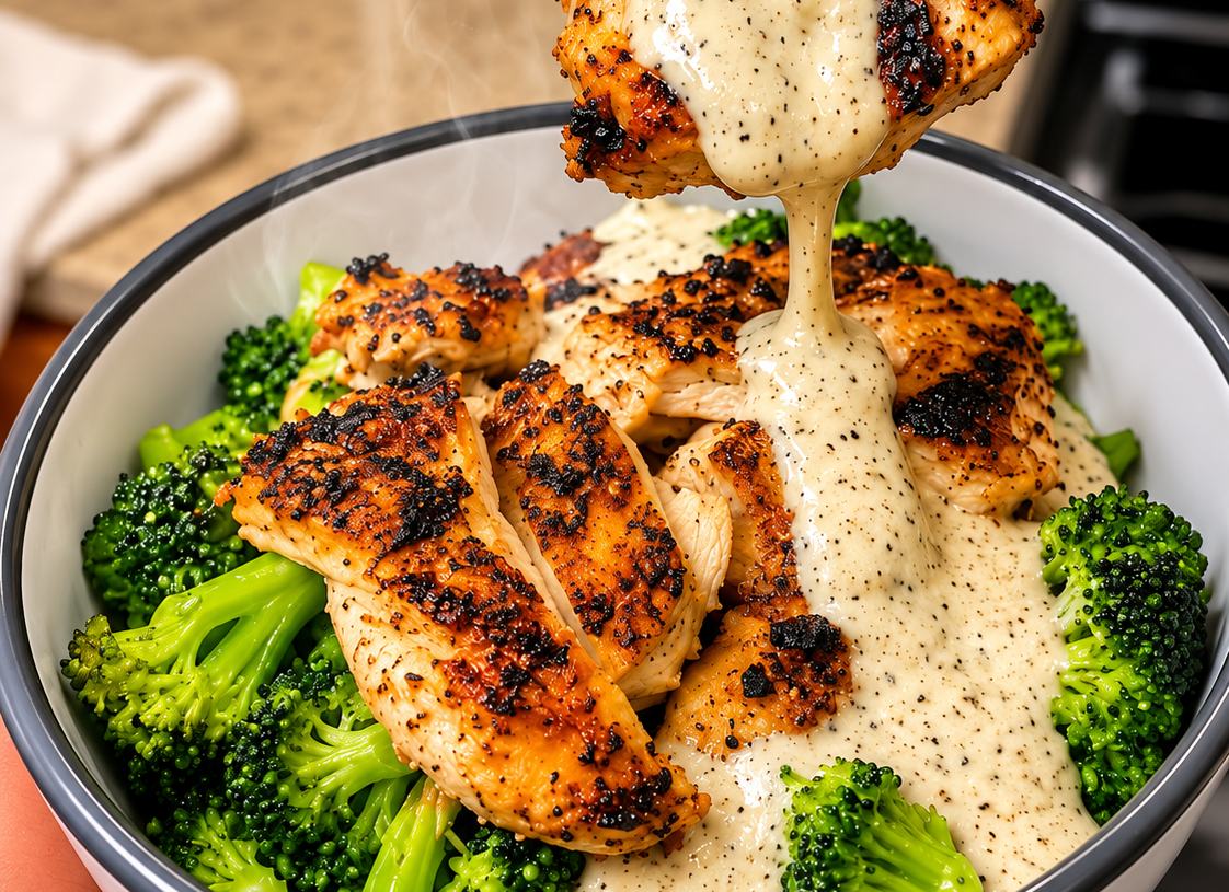 40g Protein Grilled Chicken & Broccoli Bowls with Creamy Garlic Sauce