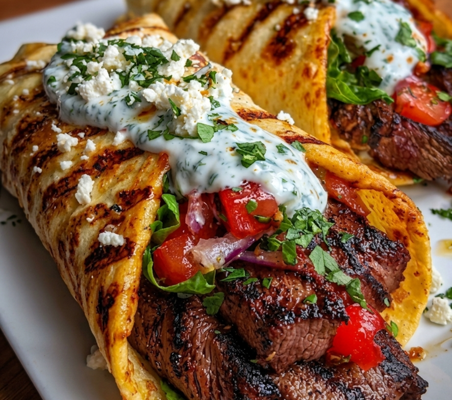Mediterranean Greek Beef Wraps with Roasted Garlic Feta Sauce