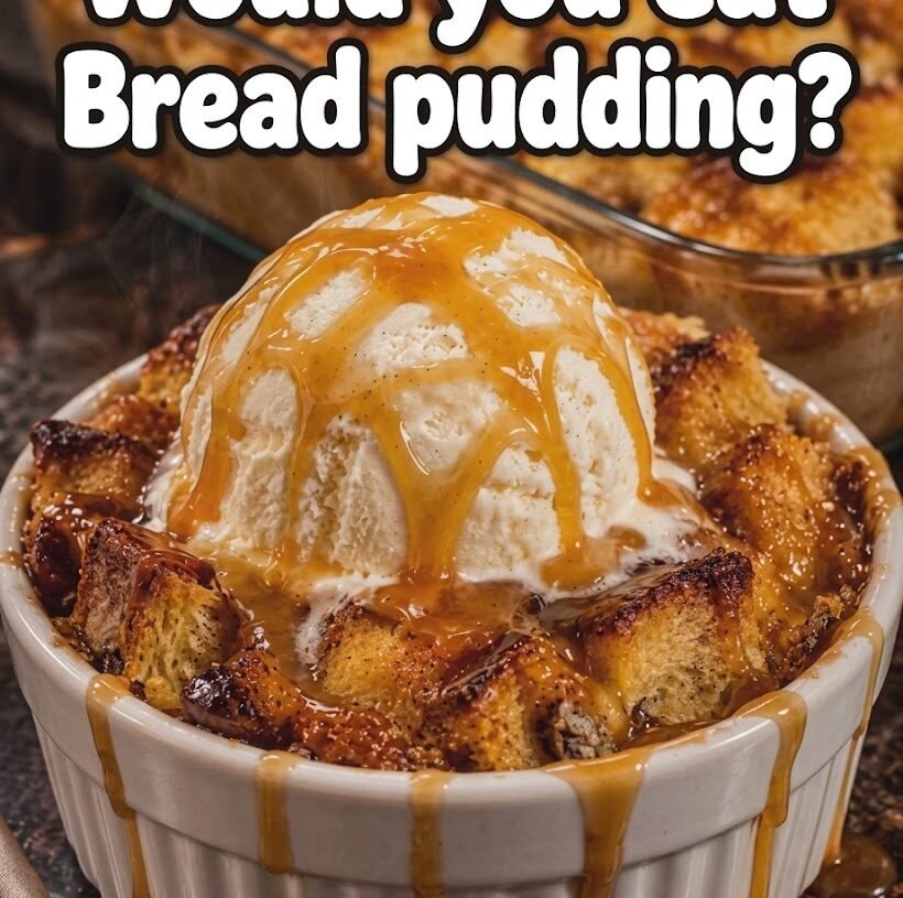Decadent Caramel Bread Pudding with Vanilla Ice Cream