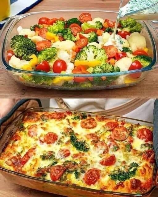 Cheesy Broccoli, Cauliflower & Tomato Vegetable Bake