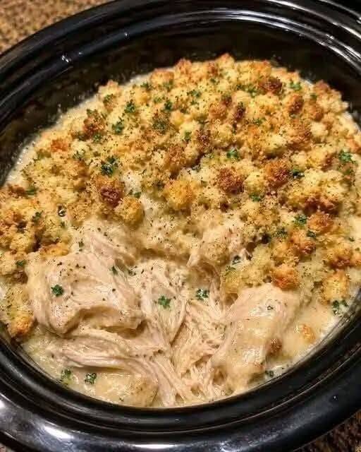 Creamy Slow Cooker Chicken with Crispy Herb Stuffing