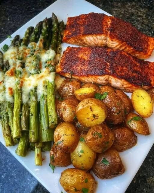 Blackened Salmon with Cheesy Garlic Asparagus & Herb-Roasted Baby Potatoes