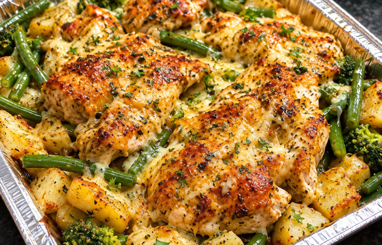 🍗 Cheesy Garlic Chicken, Potato & Green Bean Bake
