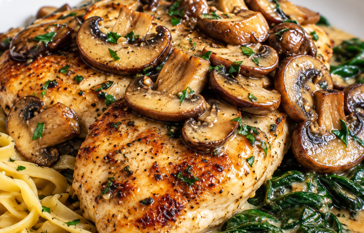 🍄🧄 Garlic Mushroom Chicken with Spinach