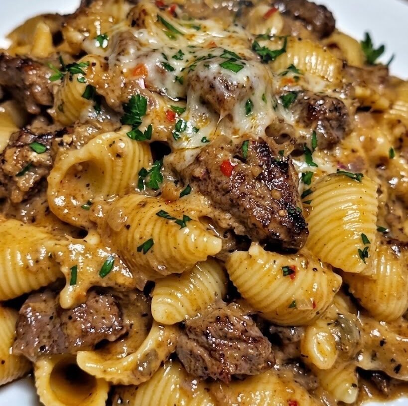 Creamy Garlic Steak And Shell Pasta 